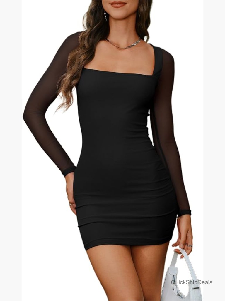 Mesh Long Sleeve Square Neck Tie Back Mini Dress, Polyester Spandex
